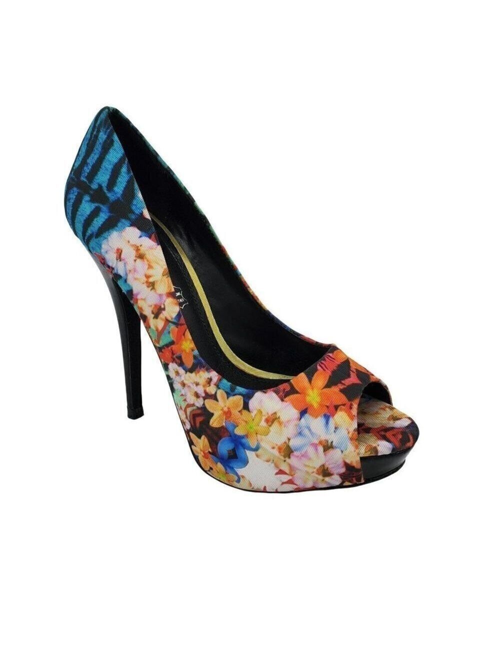 𝅺aldo Floral Multi-Color Fabric Leather Insole Stiletto Peep Toe Heels Size 36